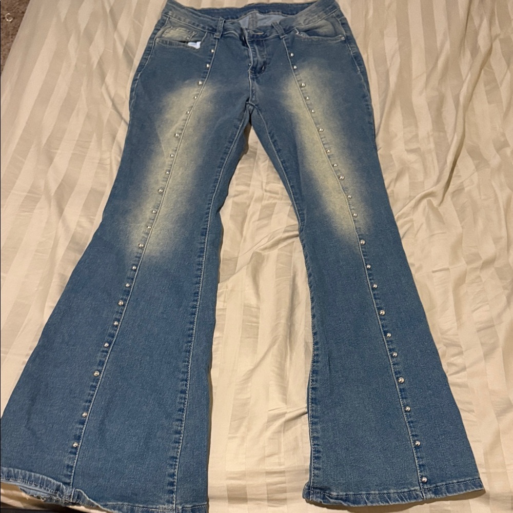 Women's Blue Flared Jeans with Studded Detail